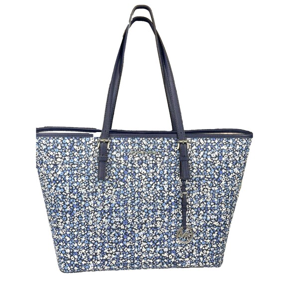 Michael Kors Large Navy Blue Floral Travel Jet Set Carry All Tote Bag - Picture 2 of 15